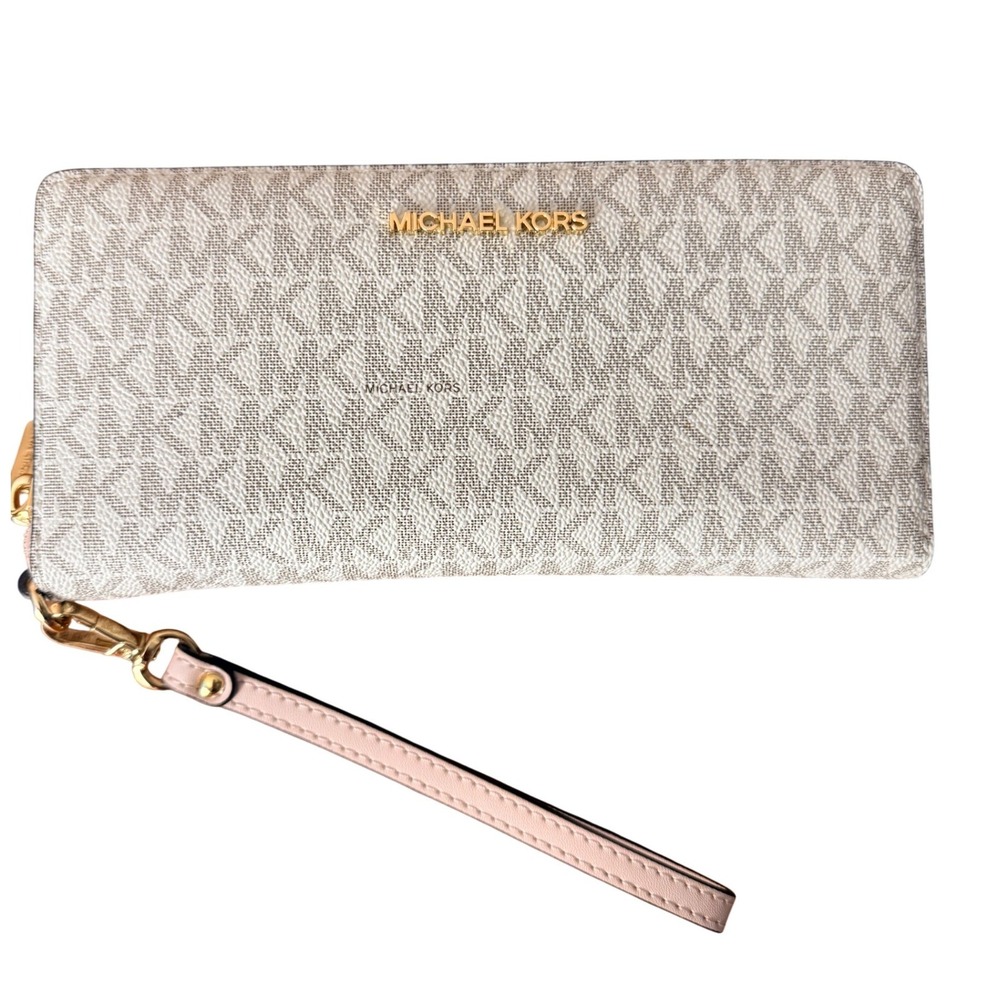 Michael Kors Jet Set Travel Continental Wallet Vanilla Logo Gold Tone Wristlet
